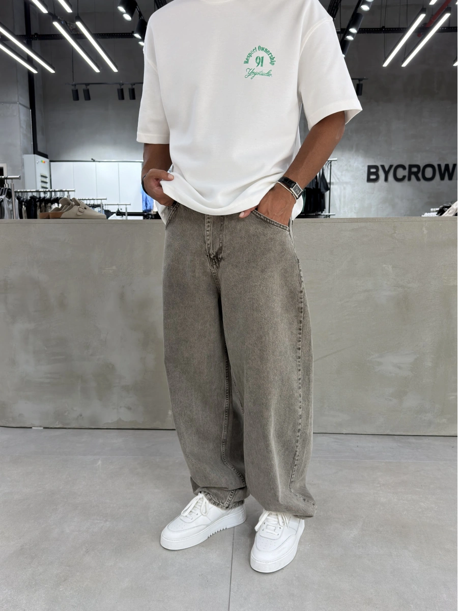 Açık Kahve Eskitme Süper Baggy Jean