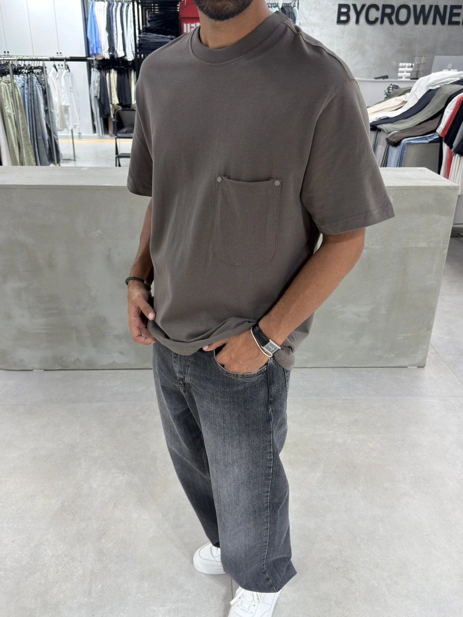 Kahve Cep Detay Oversize T-Shirt