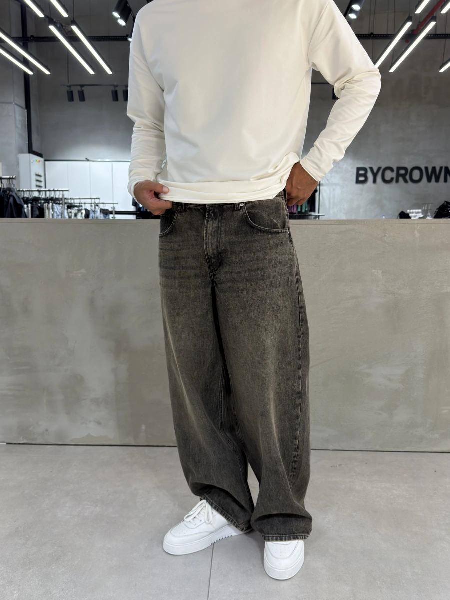 Kahve Eskitme Süper Baggy Jean