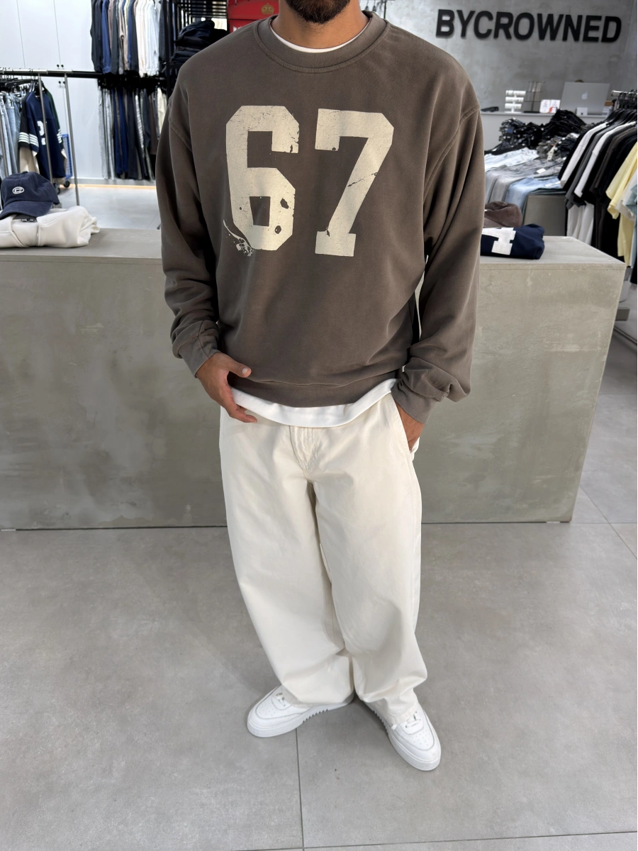 Kahve Yıkamalı 67 Baskılı Sweat