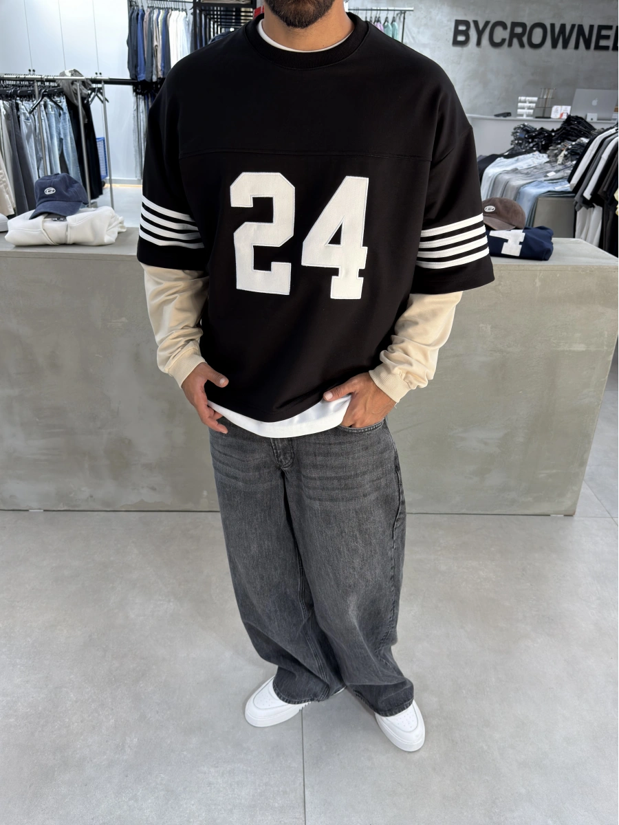 Siyah 24 Baskılı Oversize Sweat