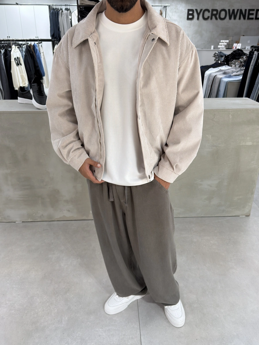Krem Kadife Oversize Bomber Ceket