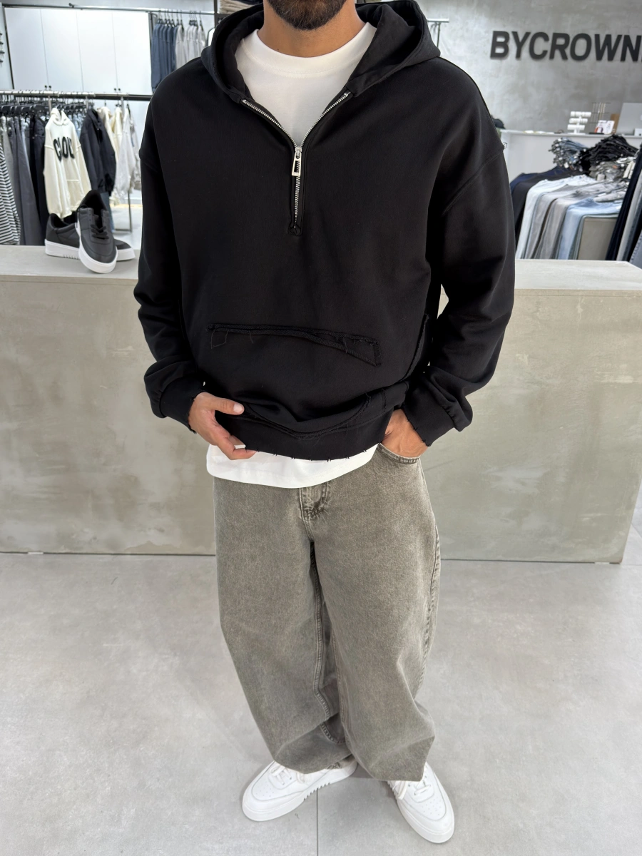 Siyah Yarım Fermuar Oversize Sweat