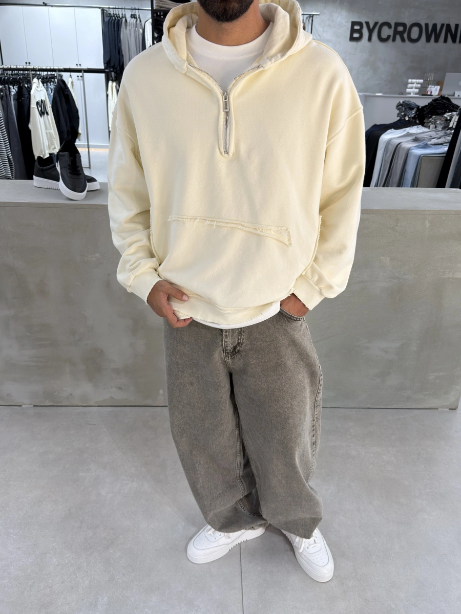 Krem Yarım Fermuar Oversize Sweat