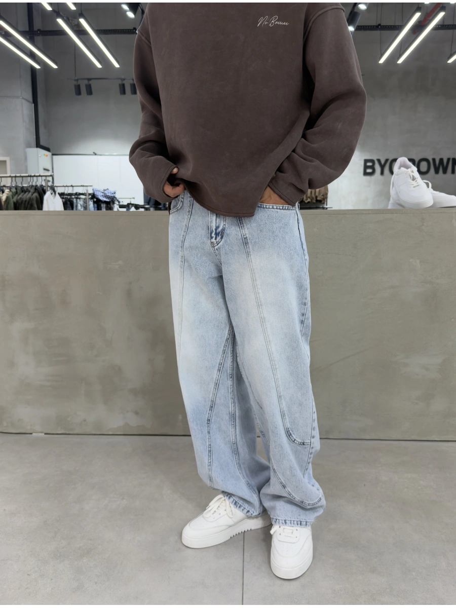 Buz Mavi Denim Parçalı Baggy Jean