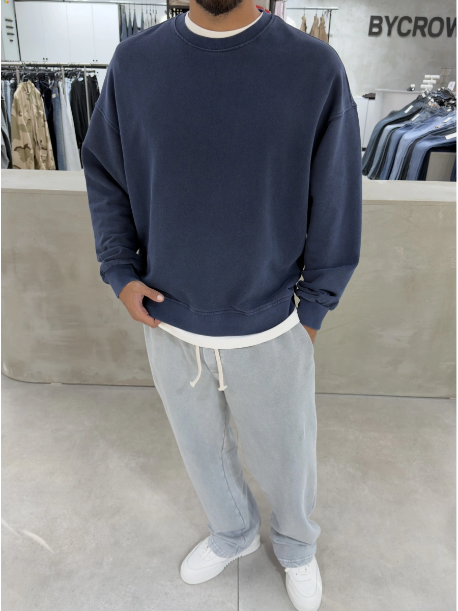 Lacivert Yıkamalı Bisiklet Yaka Oversize Sweatshirt