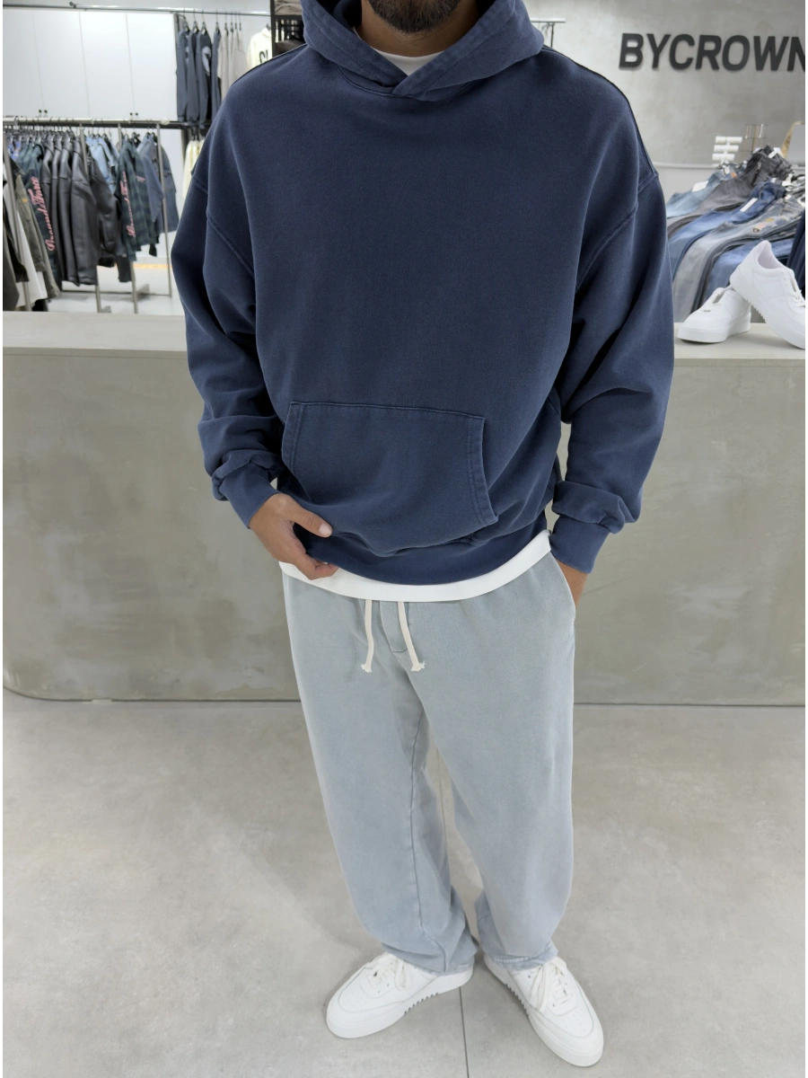 Lacivert Yıkamalı Oversize Kapüşonlu Sweatshirt