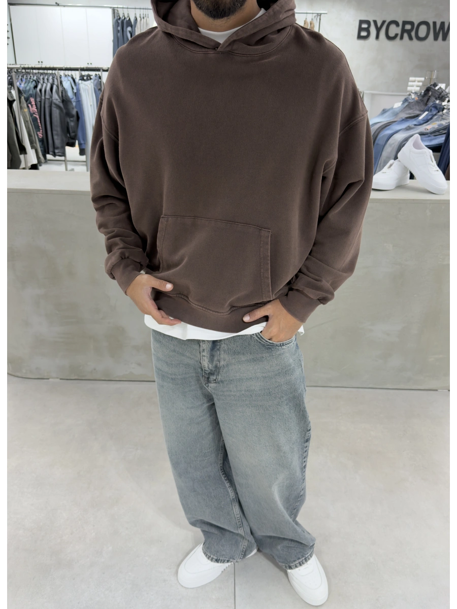 Kahve Yıkamalı Oversize Kapüşonlu Sweatshirt