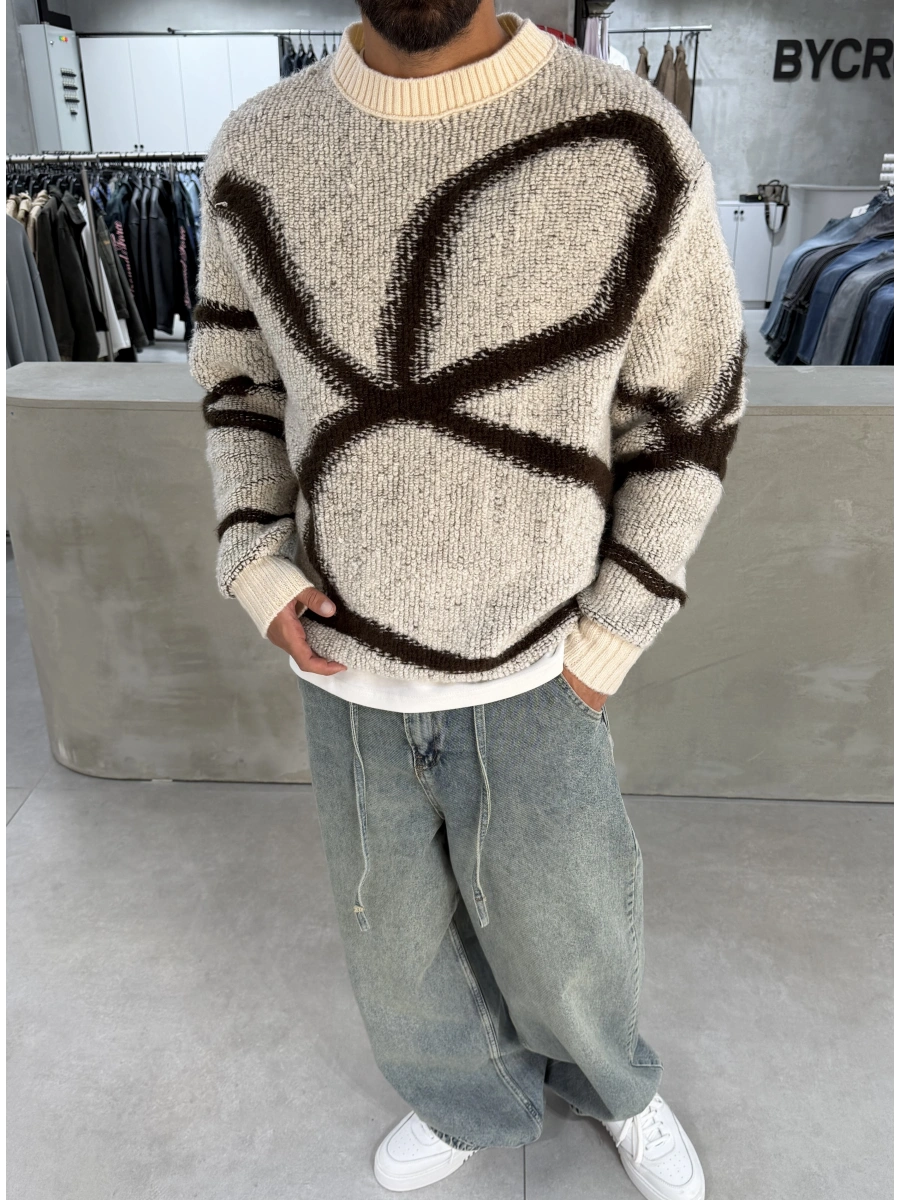 Krem Premium Desenli Oversize Kazak