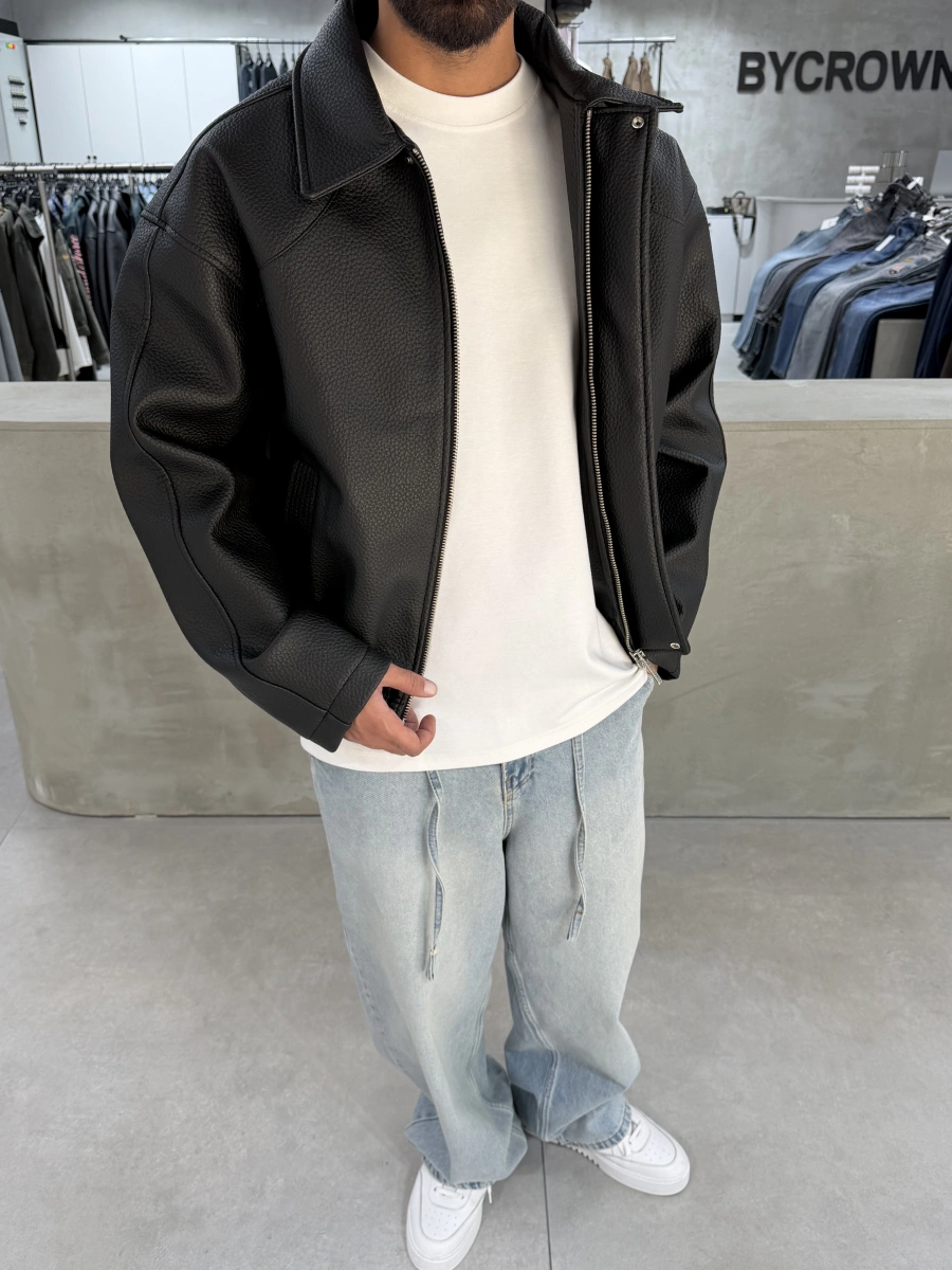 Deri Premium Oversize Dokulu Ceket