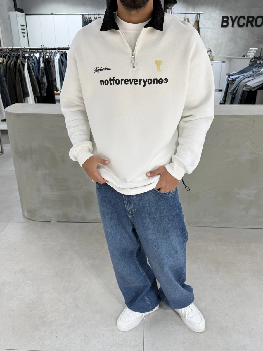 Beyaz Golf Oversize Yarım Fermuar Sweat