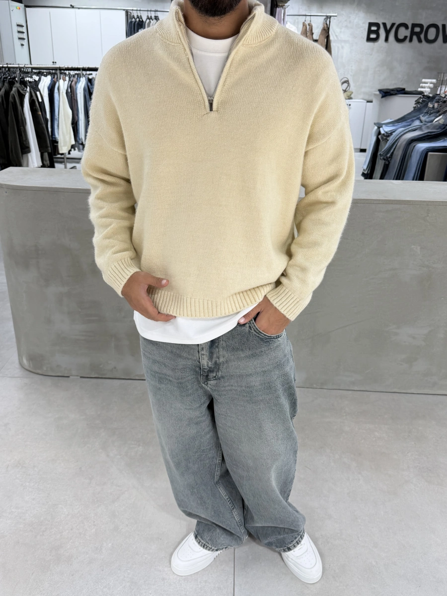 Krem Premium Yarım Fermuar Oversize Kazak