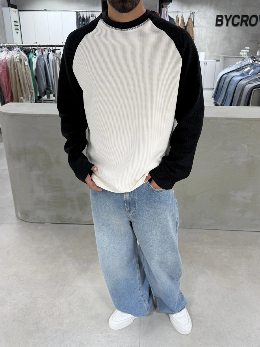 Siyah Gofre Kumaş Oversize Sweat