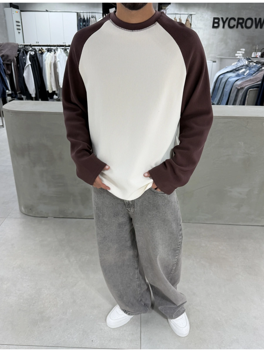 Kahve Gofre Kumaş Oversize Sweat