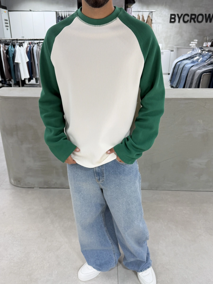 Yeşil Gofre Kumaş Oversize Sweat