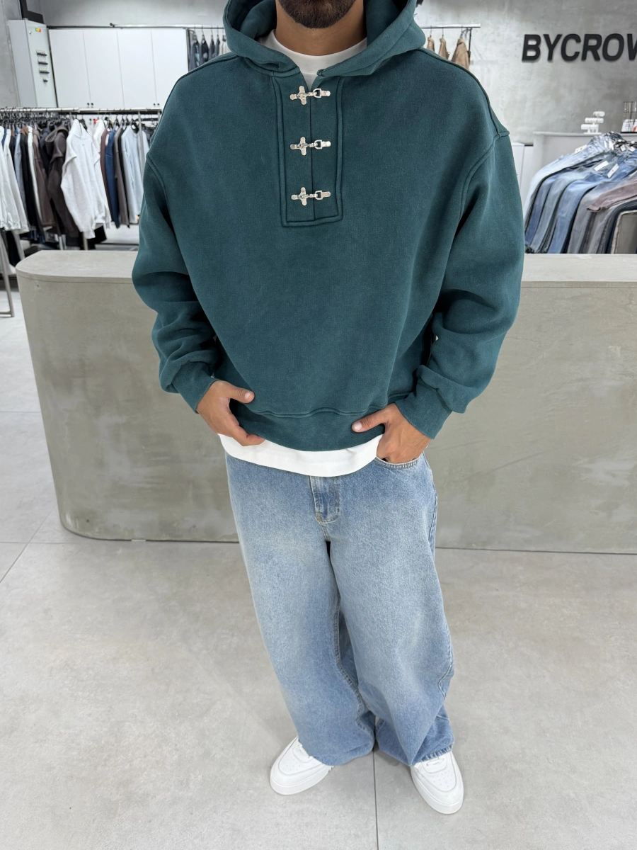 Yeşil Yıkamalı Metal Tokalı Sweatshirt