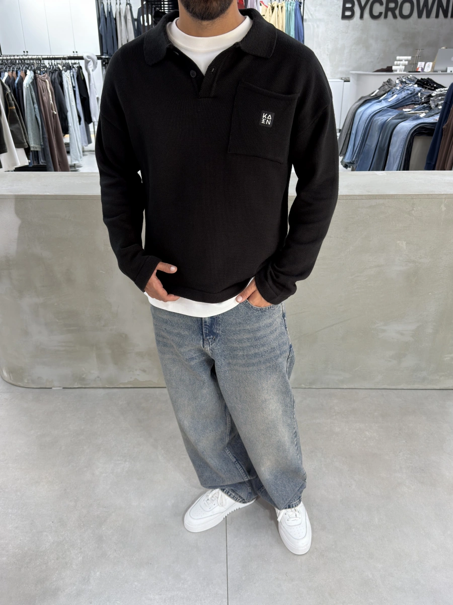 Siyah Polo Yaka Triko Sweat