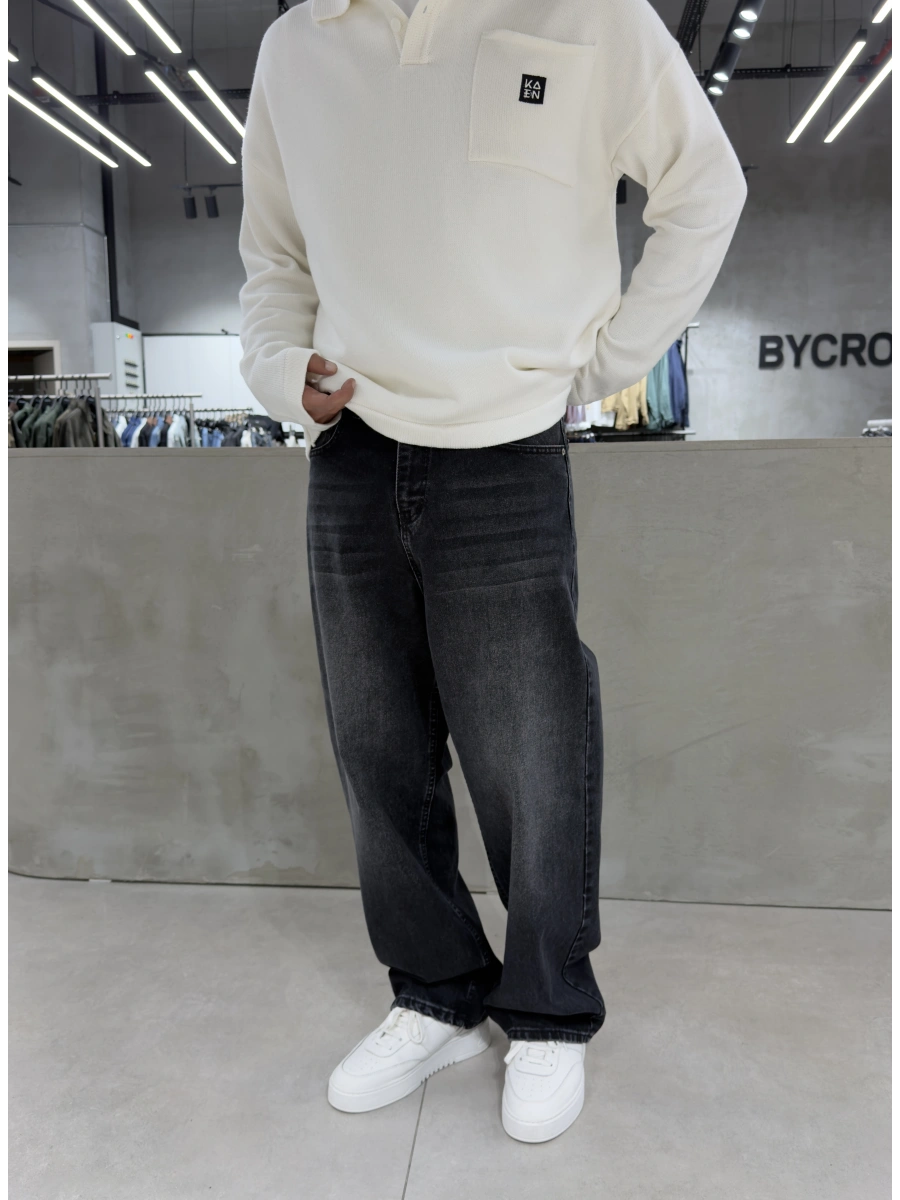 Siyah Yıkamalı Ankle Loose Baggy Jean