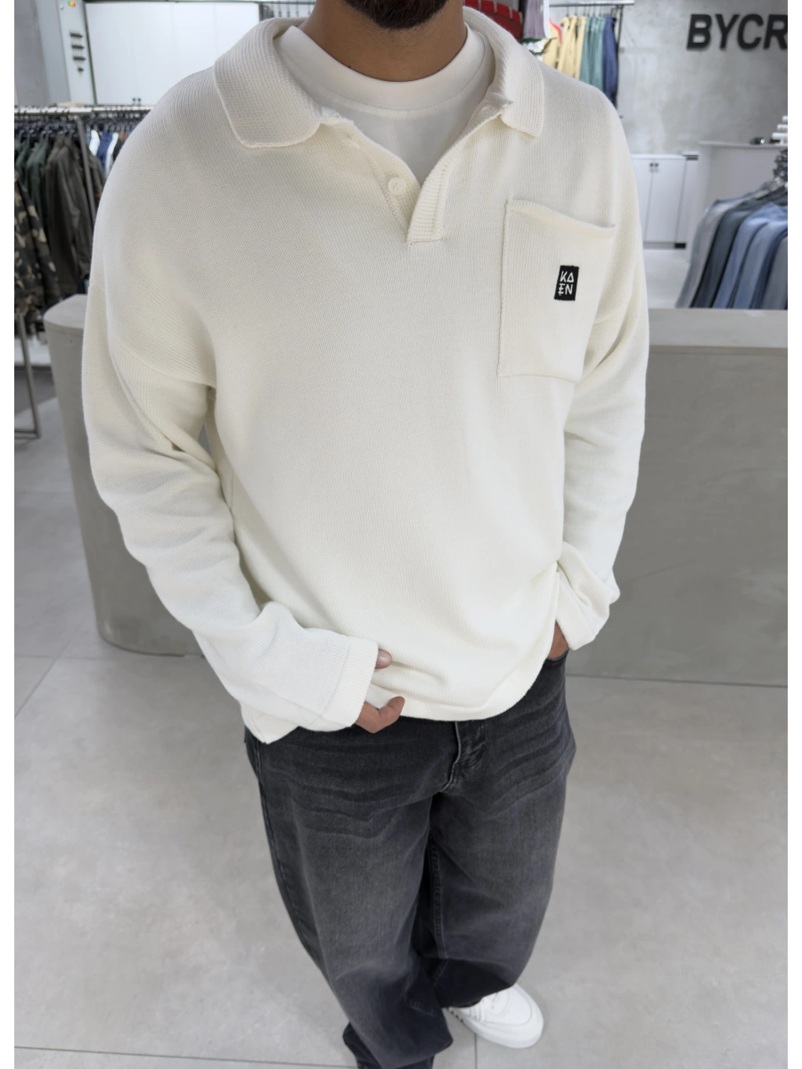 Beyaz Polo Yaka Triko Sweat