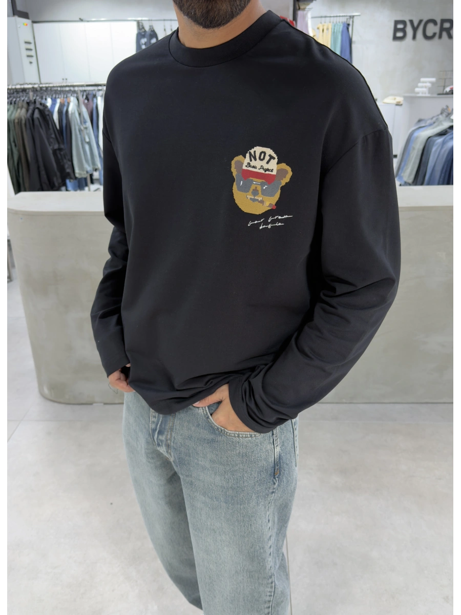 Siyah Teddy Oversize Uzun Kol Sweat