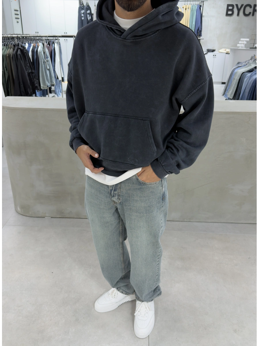Antrasit Premium Yıkamalı Boxy Sweatshirt