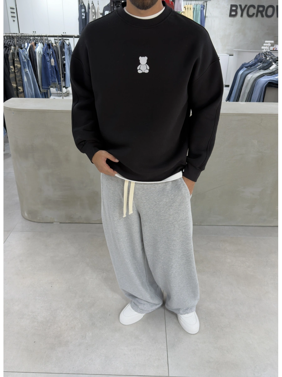 Siyah Bear Bisiklet Yaka Oversize Sweat