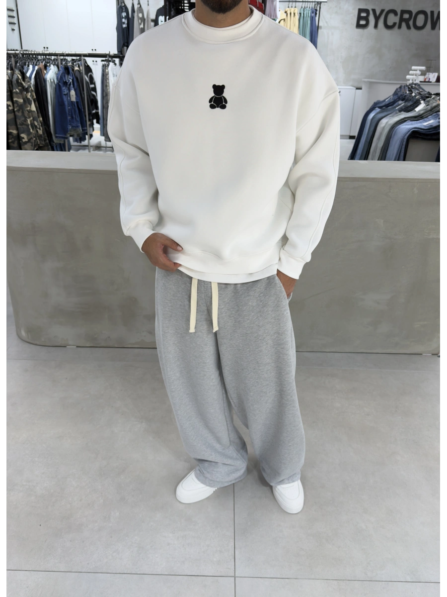 Beyaz Bear Bisiklet Yaka Oversize Sweat
