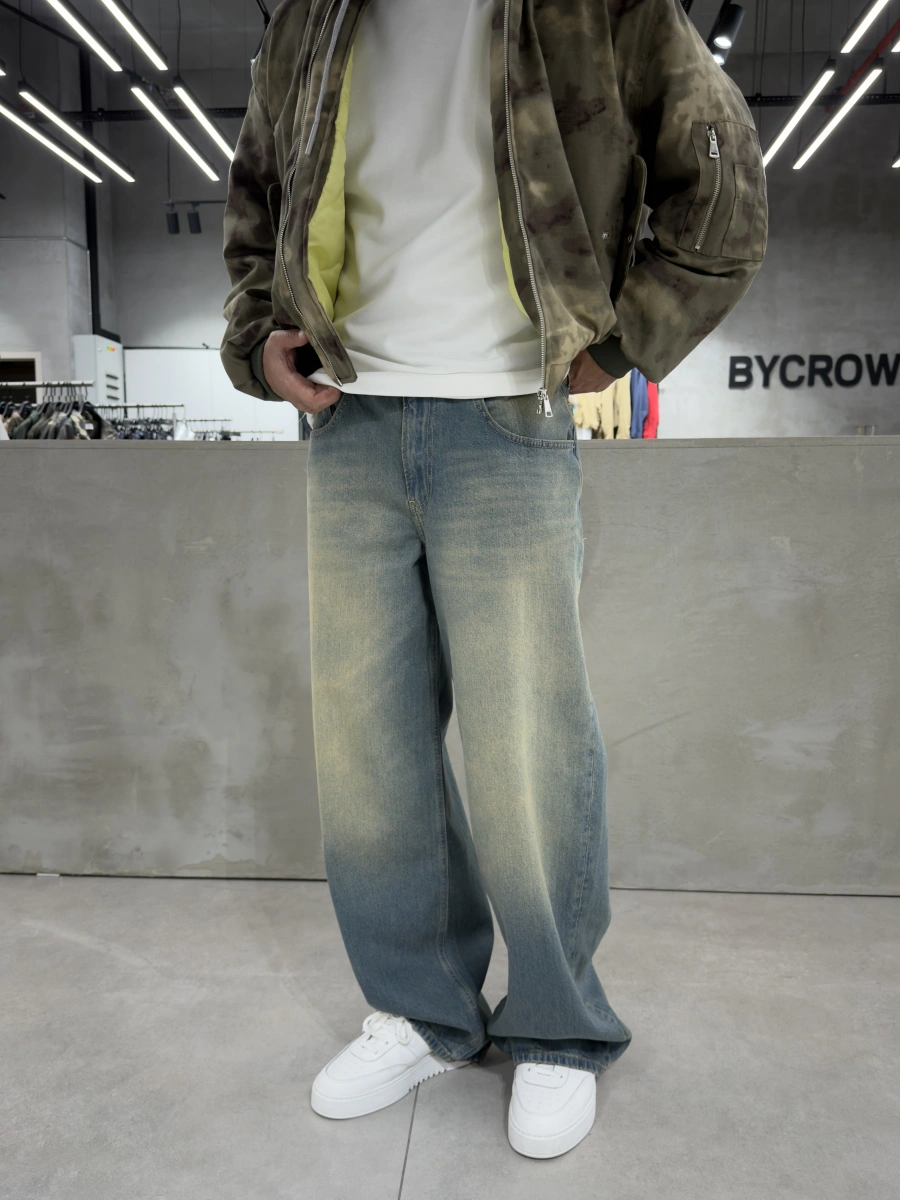 Yeşil Eskitme Denim Süper Baggy