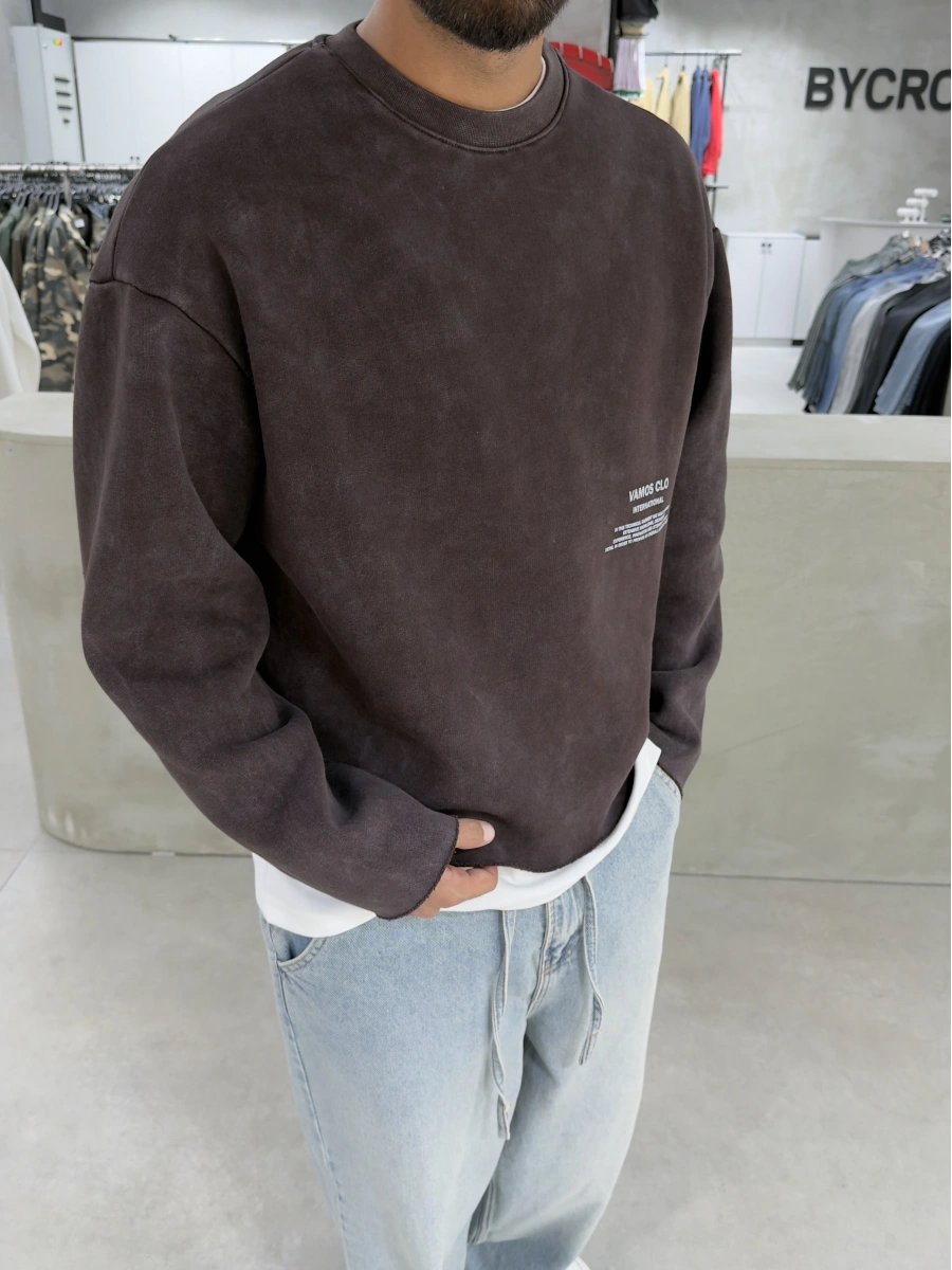 Kahve Yıkamalı Oversize Sweat