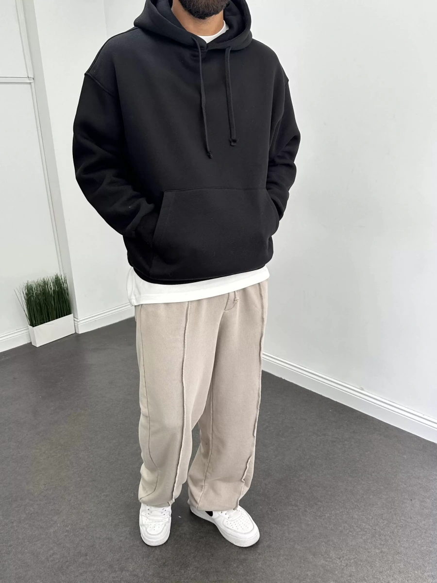 Siyah Oversize Basic Kapişonlu Sweat