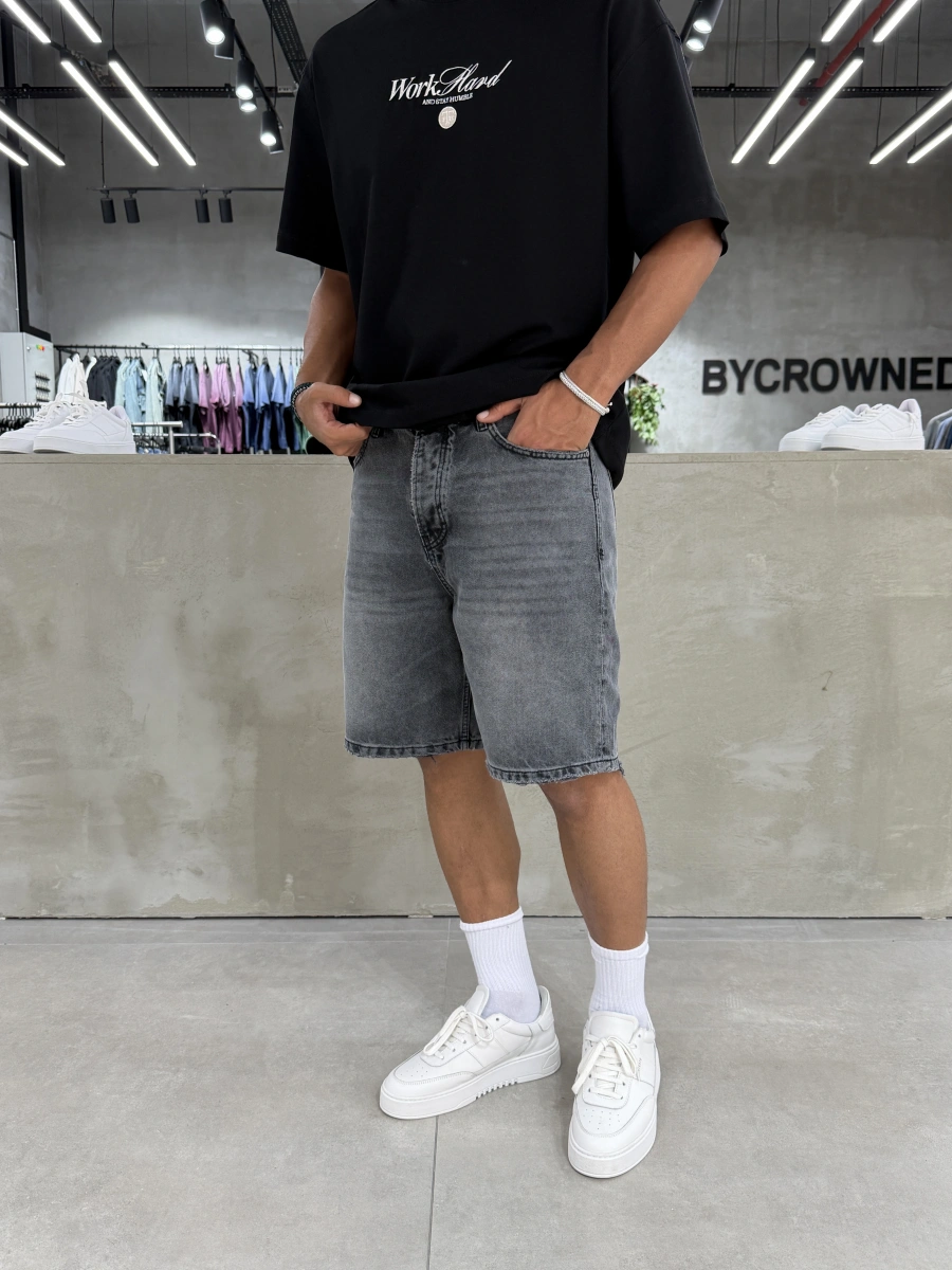 Antrasit Yıkamalı Effect Denim Şort