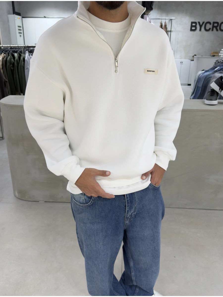 Beyaz Barstudio Yarım Fermuar Sweat