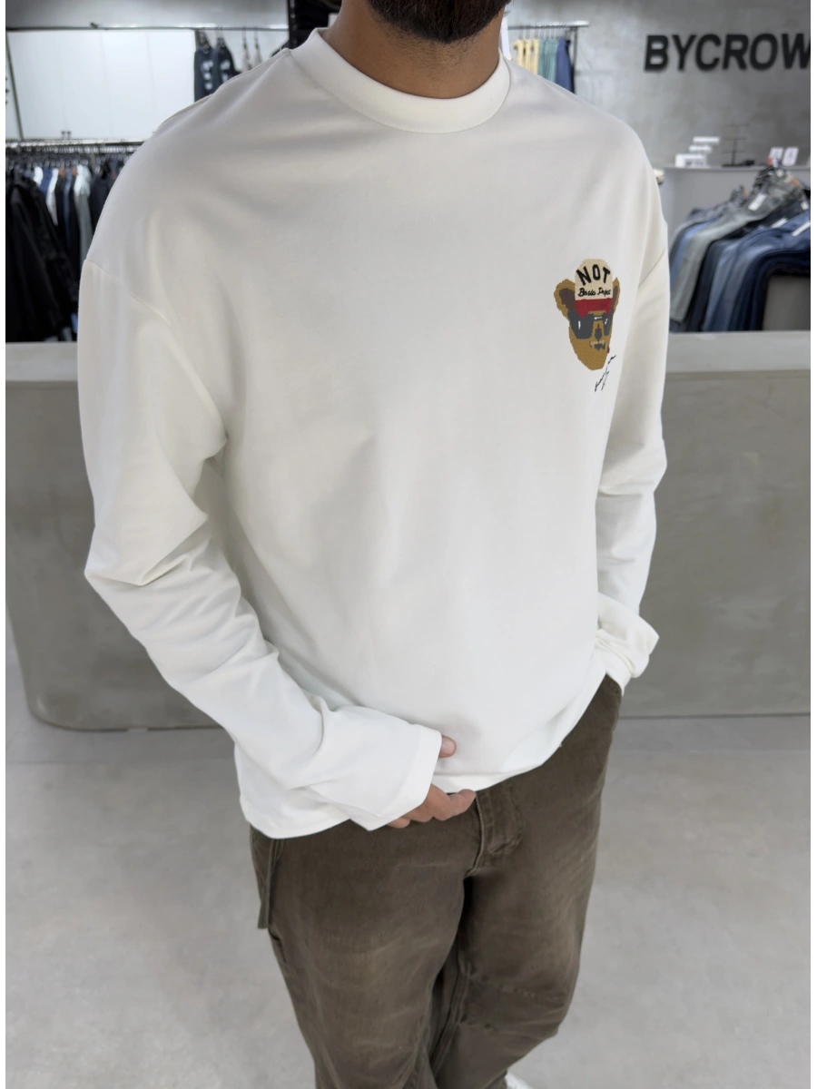 Beyaz Teddy Oversize Uzun Kol Sweat