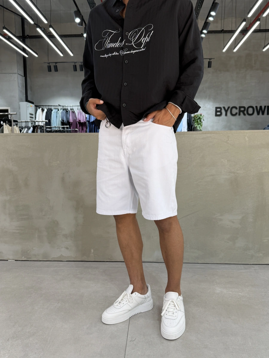 Beyaz Yıkamalı Effect Denim Şort