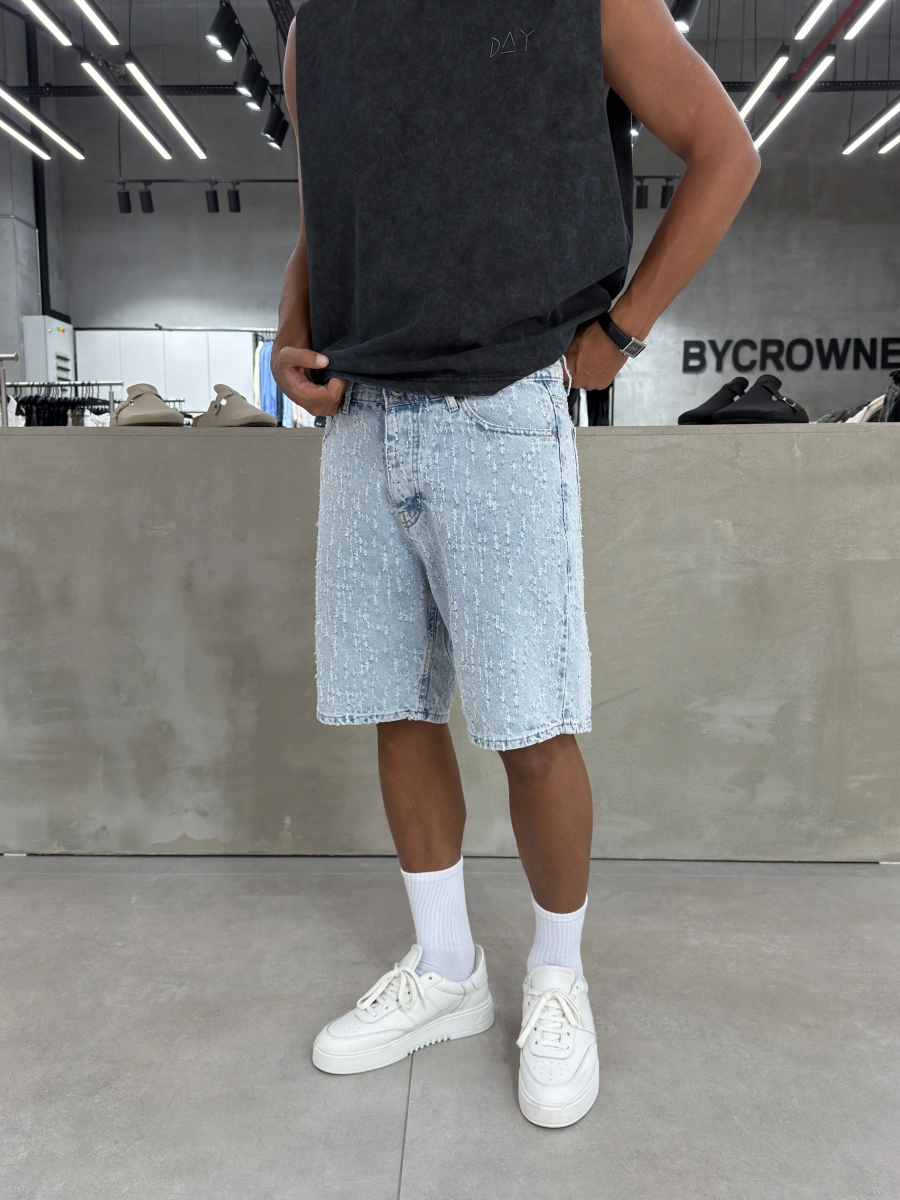 Buz Mavi Desenli Bol Kalıp Denim Şort