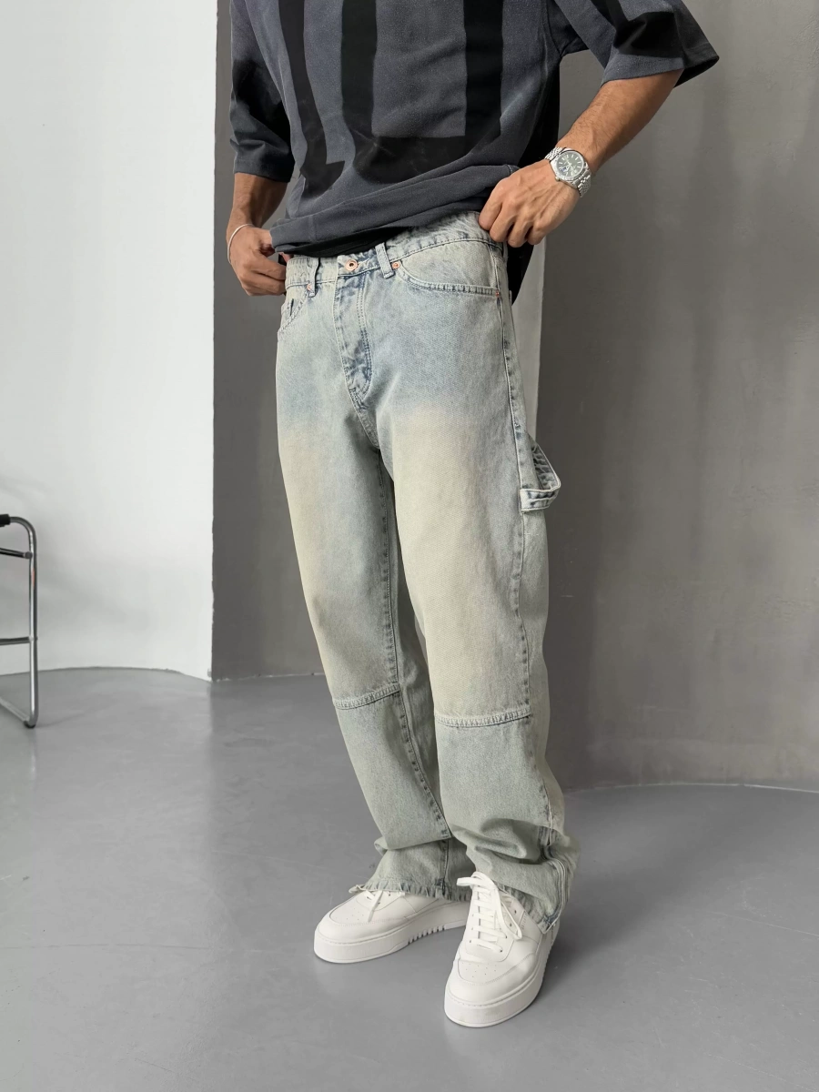 Eskitme Paça Fermuar Baggy Jean