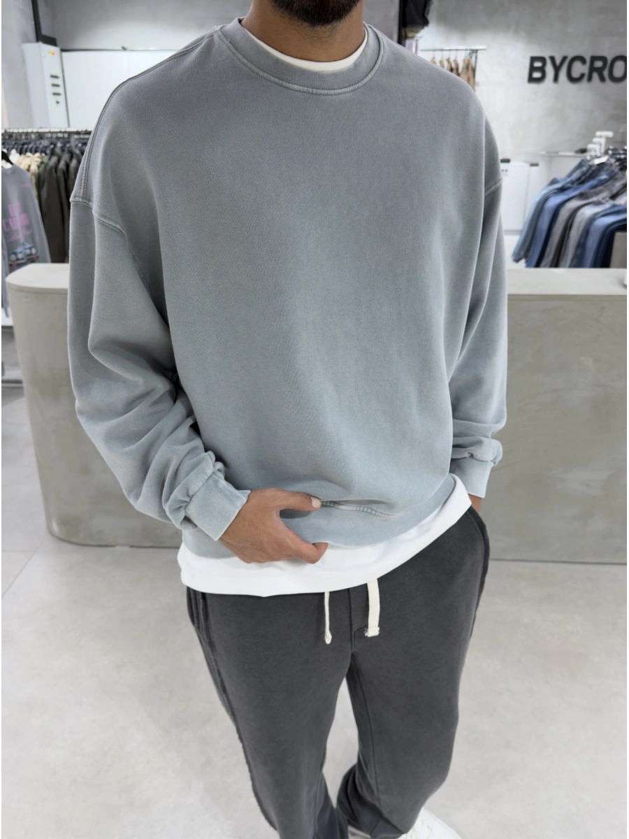 Gri Yıkamalı Bisiklet Yaka Oversize Sweatshirt