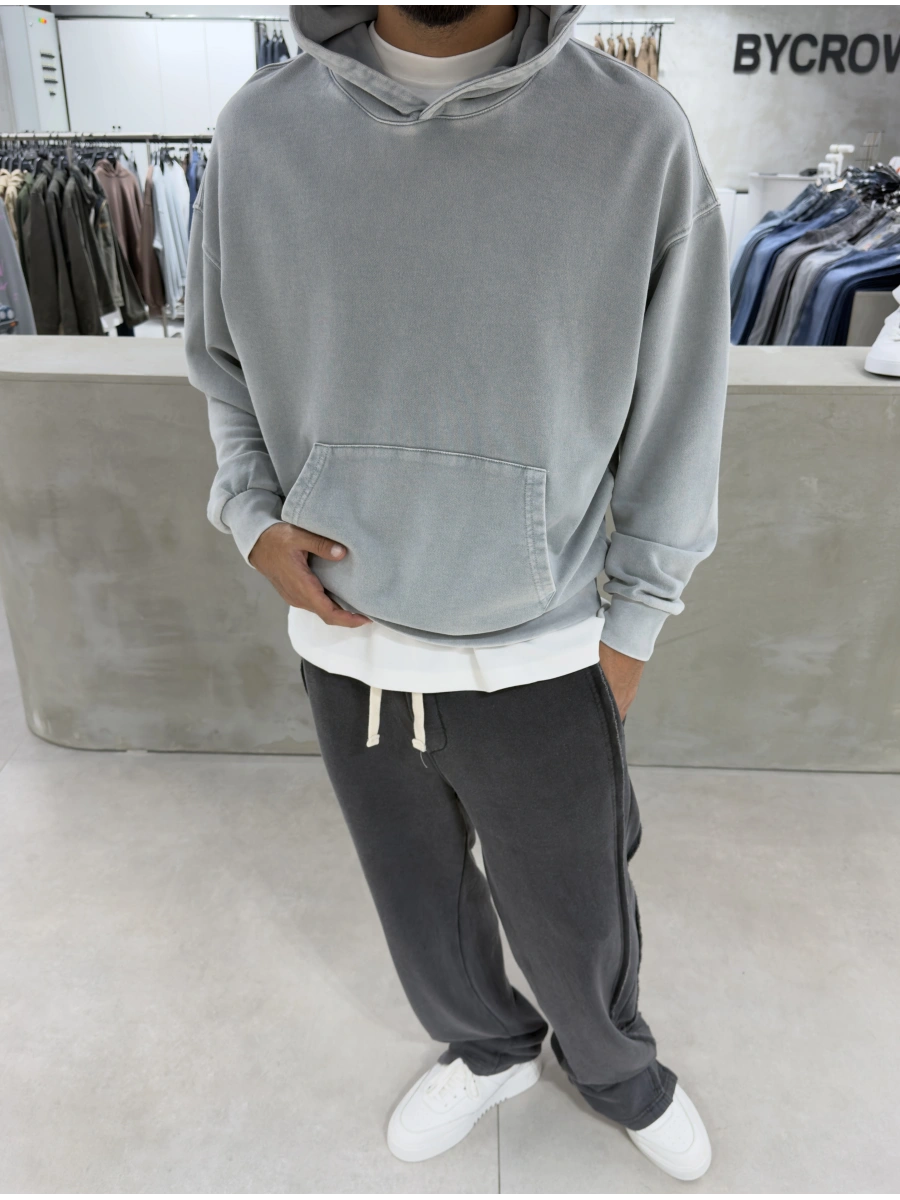 Gri Yıkamalı Oversize Kapüşonlu Sweatshirt