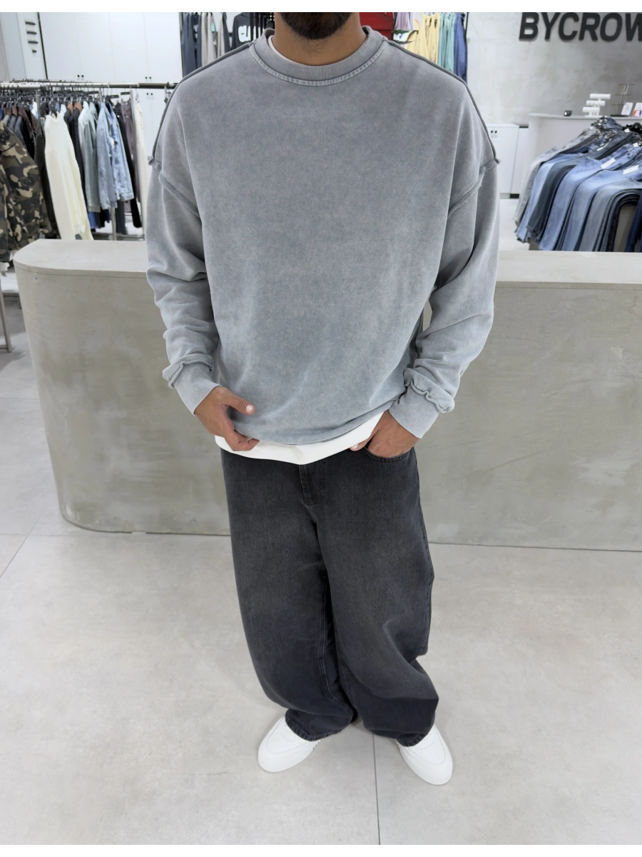 Gri Yıkamalı Sırt Detay Oversize Sweat