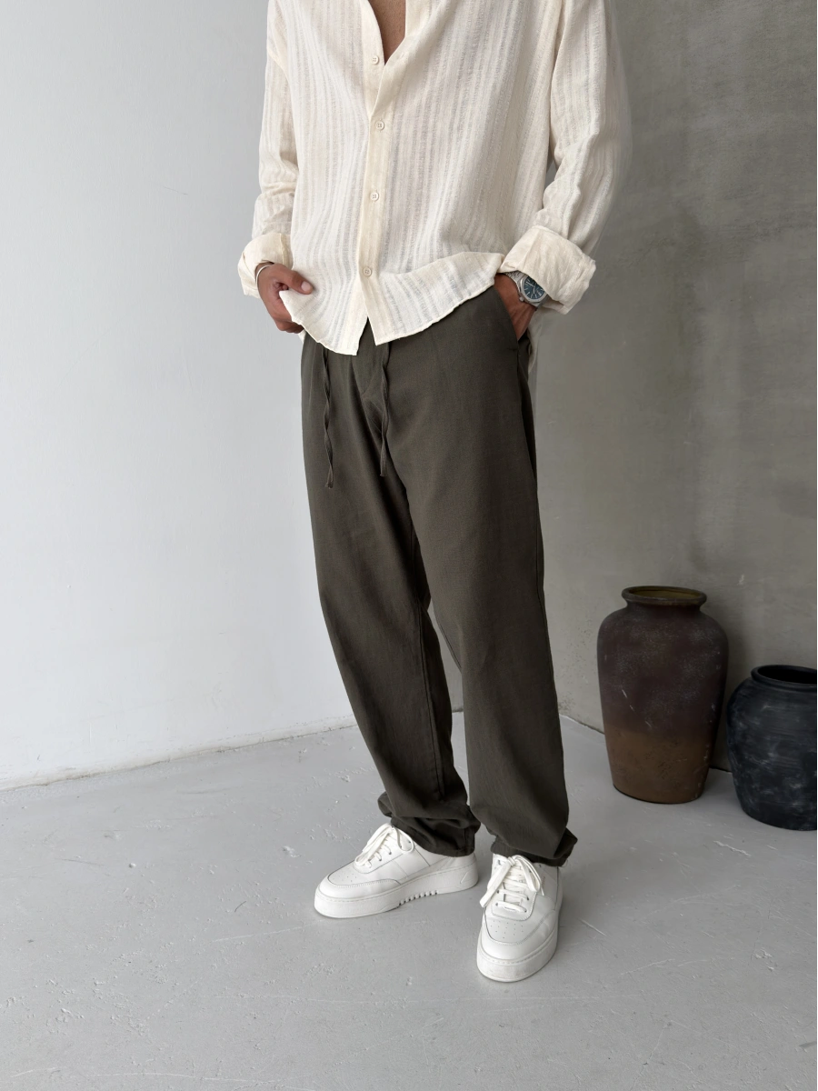 Haki Pileli Regular Keten Baggy