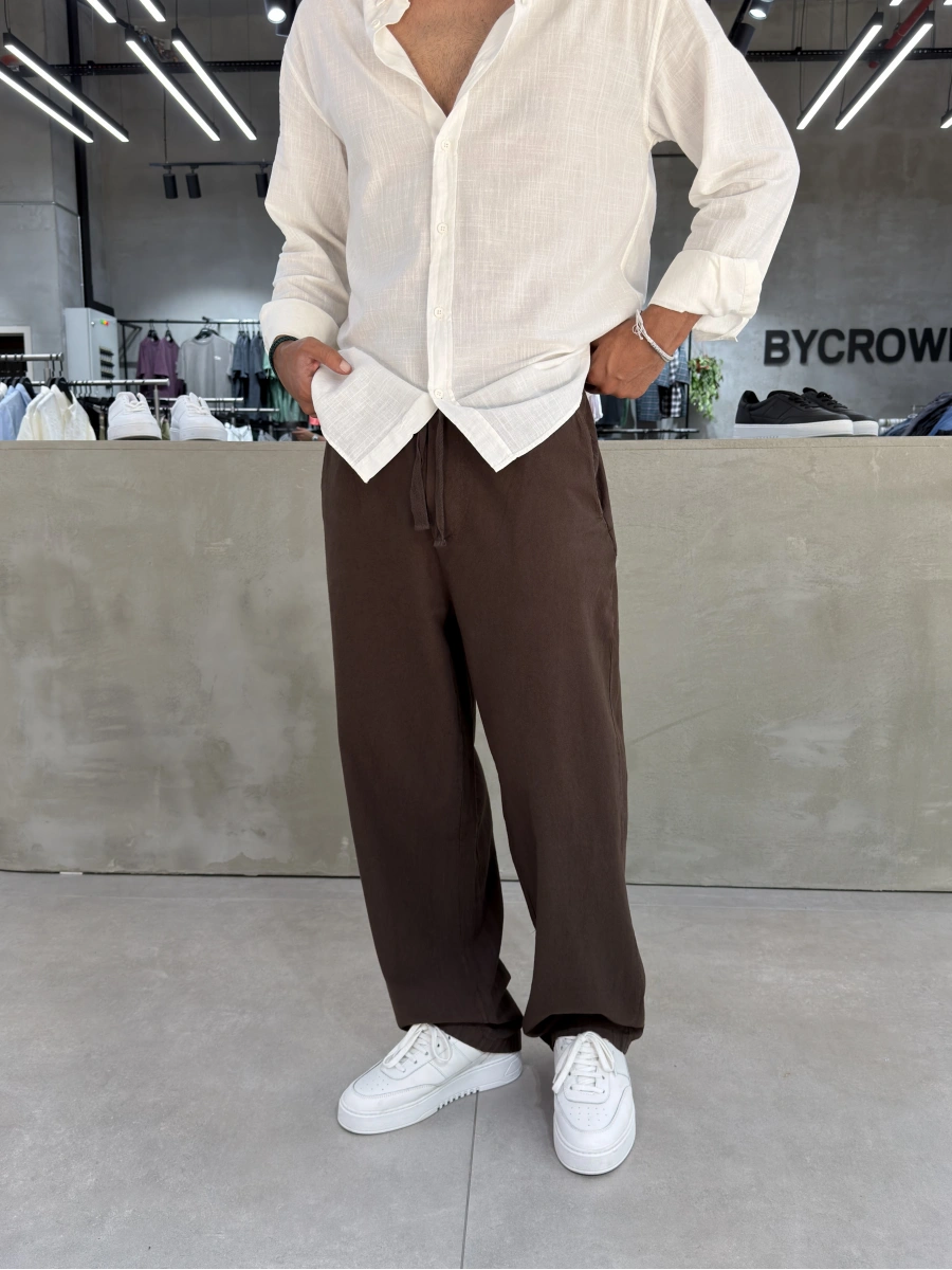 Kahve Kırınkıl Keten Bol Kalıp Baggy