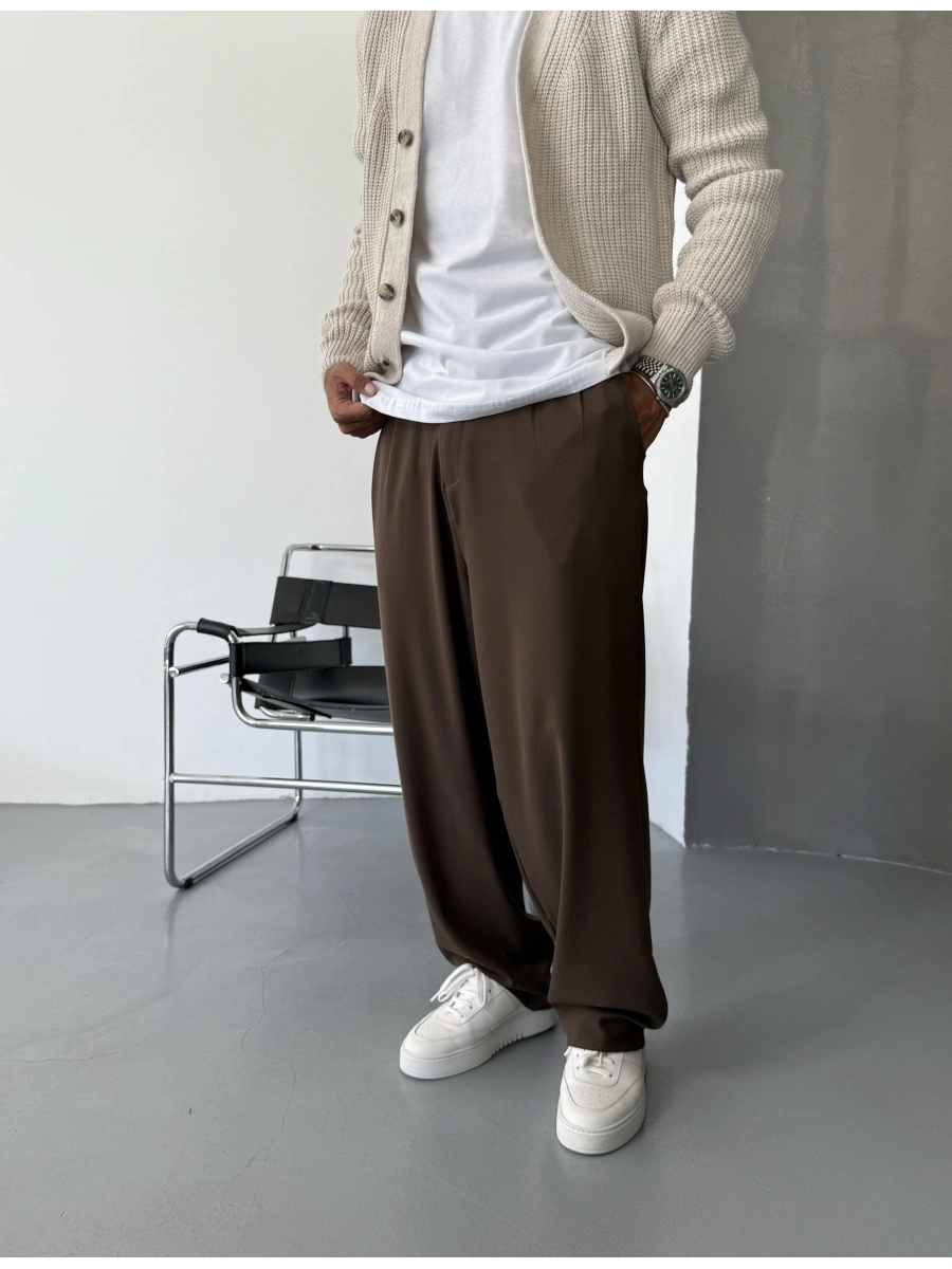 Kahve Pileli Kumaş Bol Kalıp Baggy Pantolon