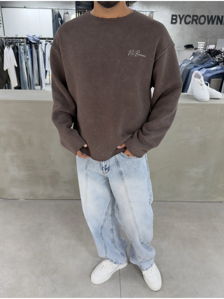 Kahve Yıkamalı Baskılı Oversize Sweat