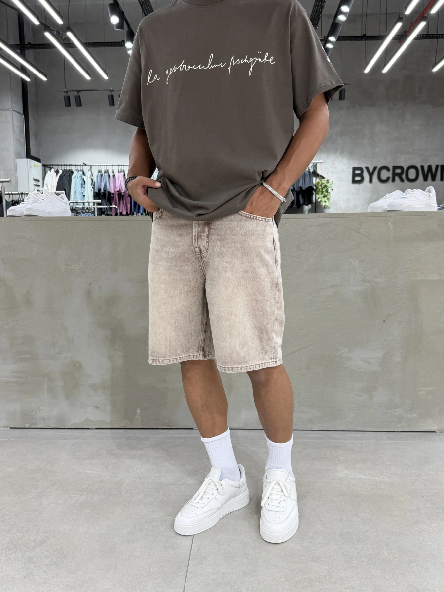 Krem Yıkamalı Effect Denim Şort