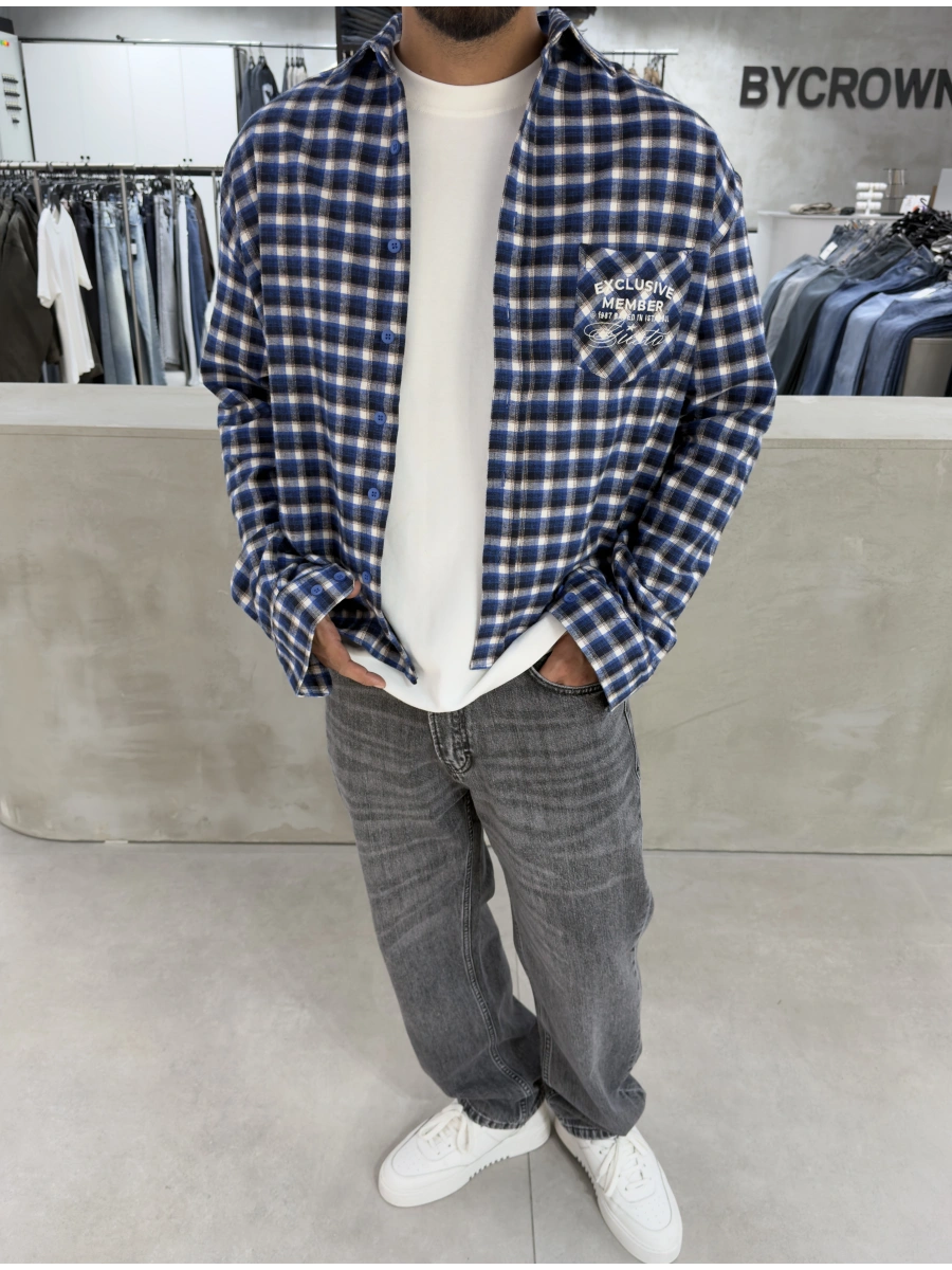 Lacivert Exclusıve Ekose Oversize Gömlek