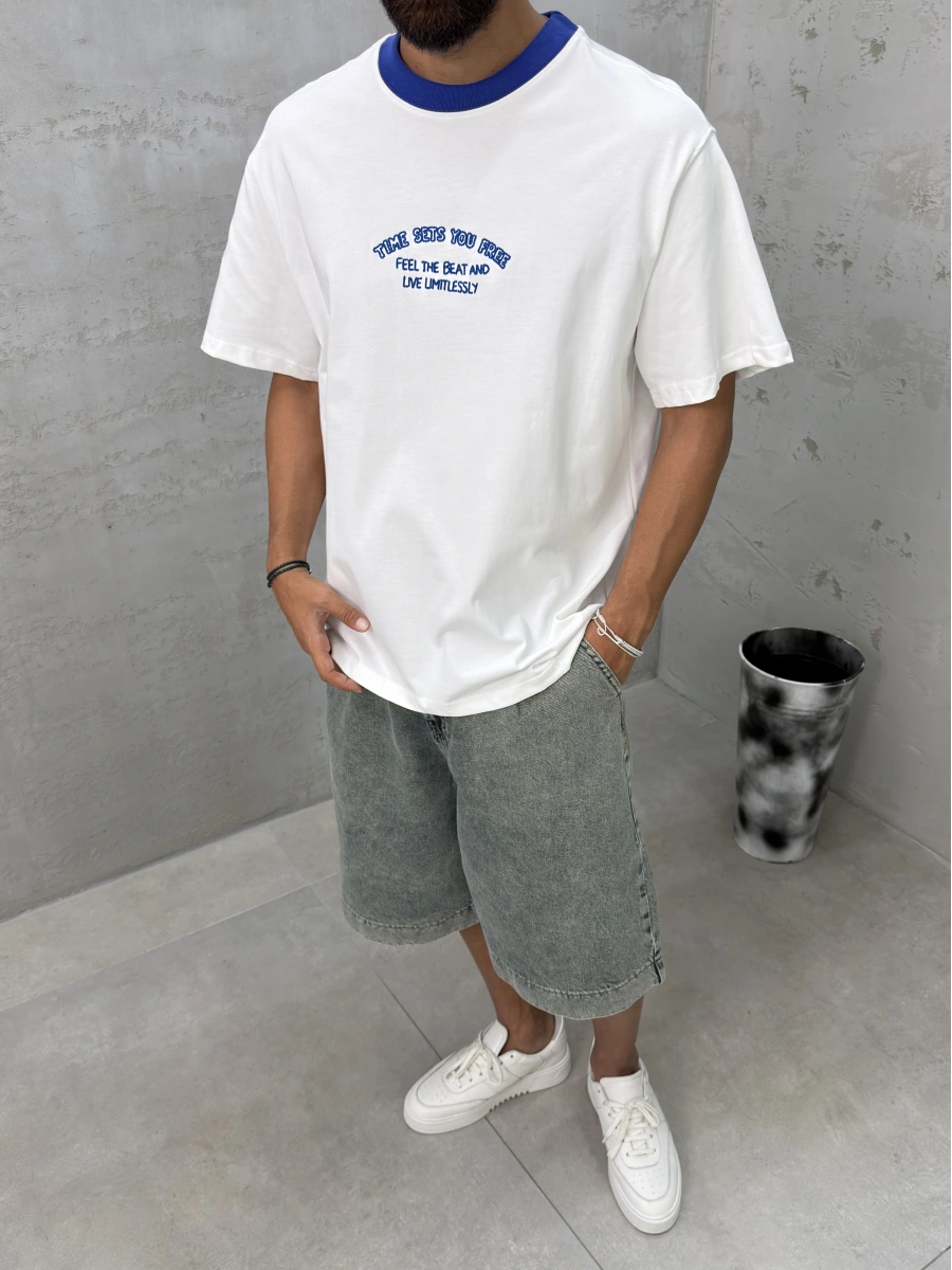 Mavi Yaka Detay Free Oversize T-Shirt