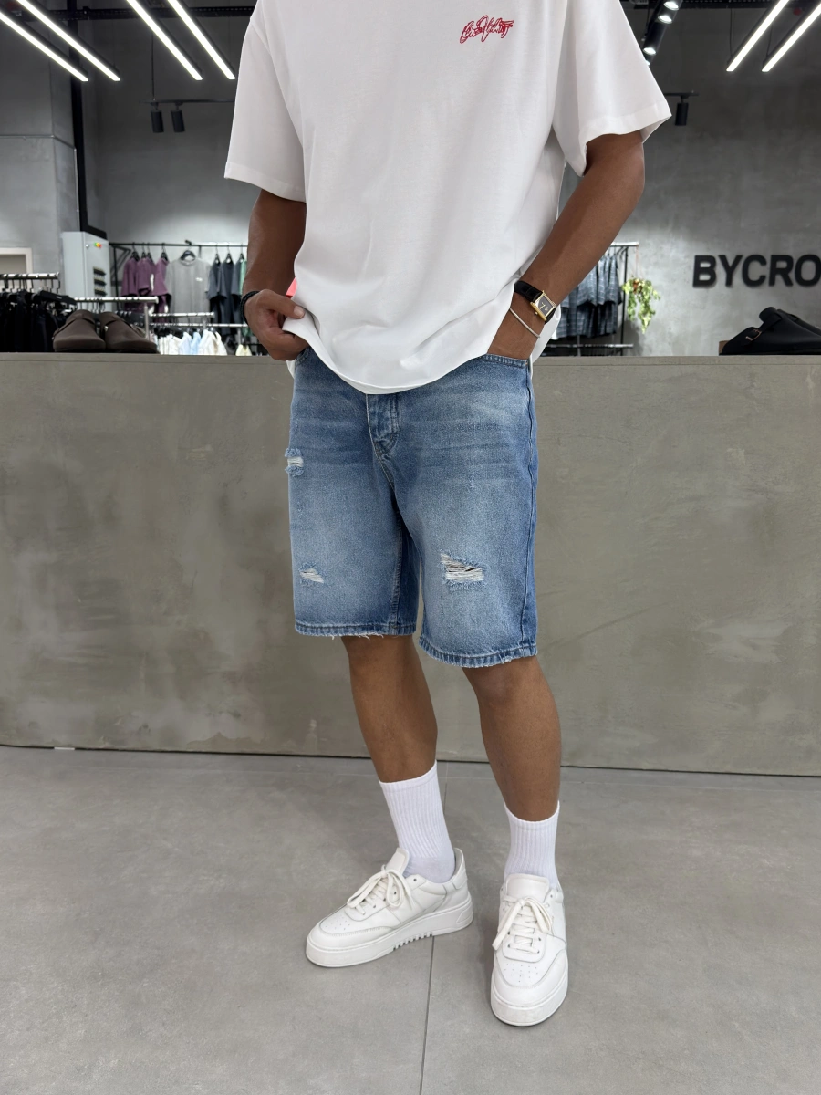 Mavi Yırtık Effect Denim Şort