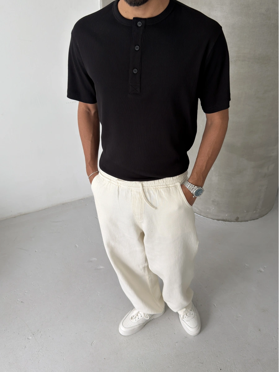 Siyah Basic Fitilli Regular T-shirt
