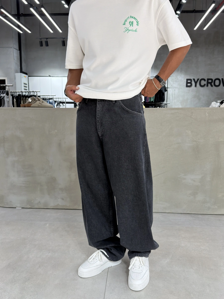 Siyah Eskitme Süper Baggy Jean