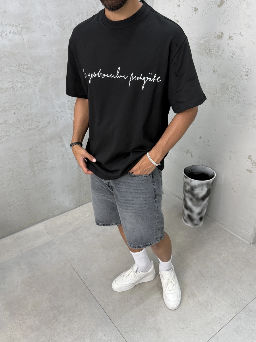 Siyah X Baskılı Oversize T-shirt